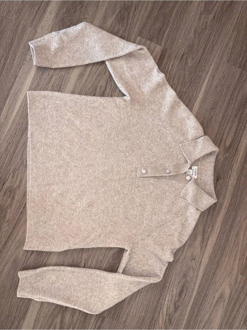 J.Crew Extra Soft Polo Sweater
Rhinestone Buttons Oatmeal Heather
Size M Worn 1x - Picture 2 of 5